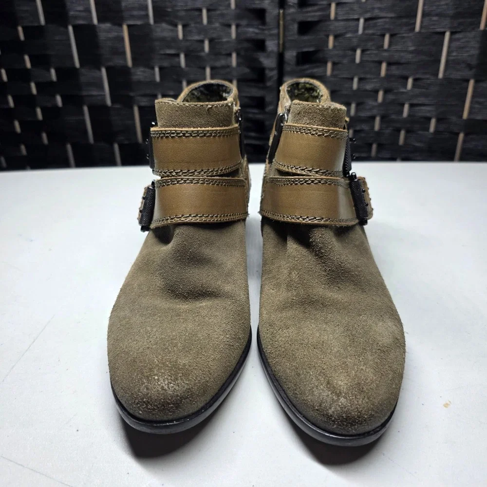 Sam Edelman Pippen Olive Green Suede Leather Moto Ankle Boots Sz. 4M Buckle Boho
